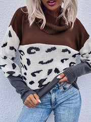 Women's leopard print collision color pile collar long sleeve pullover sweater - 808Lush