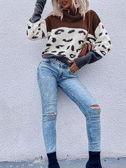 Women's leopard print collision color pile collar long sleeve pullover sweater - 808Lush