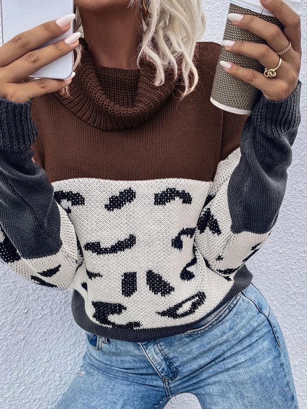 Women's leopard print collision color pile collar long sleeve pullover sweater - 808Lush
