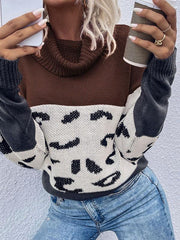 Women's leopard print collision color pile collar long sleeve pullover sweater - 808Lush