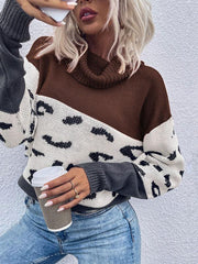 Women's leopard print collision color pile collar long sleeve pullover sweater - 808Lush
