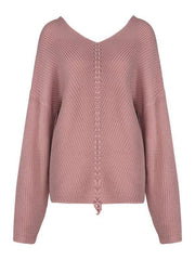 Women's long sleeve loose V-neck drawstring pullover sweater - 808Lush