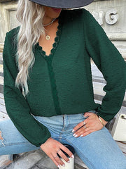 Women's long-sleeved lace solid color V-neck blouse - 808Lush