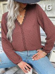 Women's long-sleeved lace solid color V-neck blouse - 808Lush