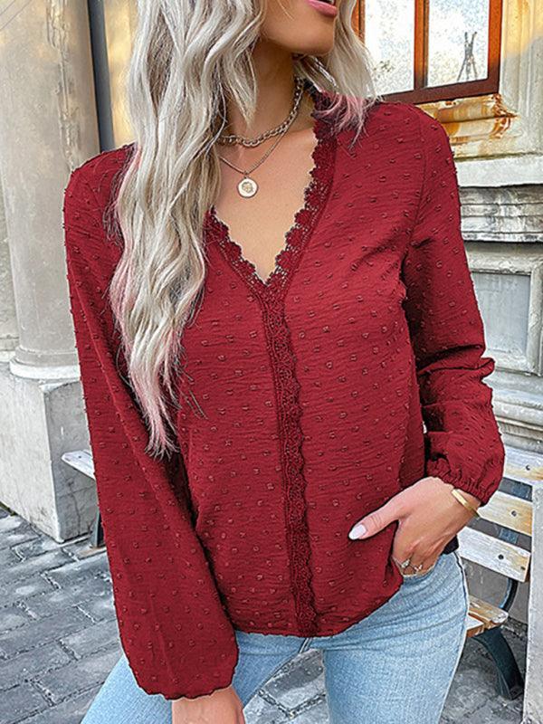 Women's long-sleeved lace solid color V-neck blouse - 808Lush