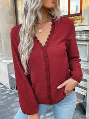 Women's long-sleeved lace solid color V-neck blouse - 808Lush