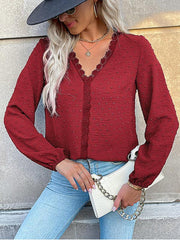 Women's long-sleeved lace solid color V-neck blouse - 808Lush