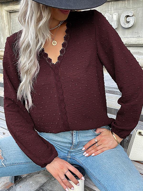Women's long-sleeved lace solid color V-neck blouse - 808Lush