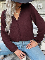 Women's long-sleeved lace solid color V-neck blouse - 808Lush