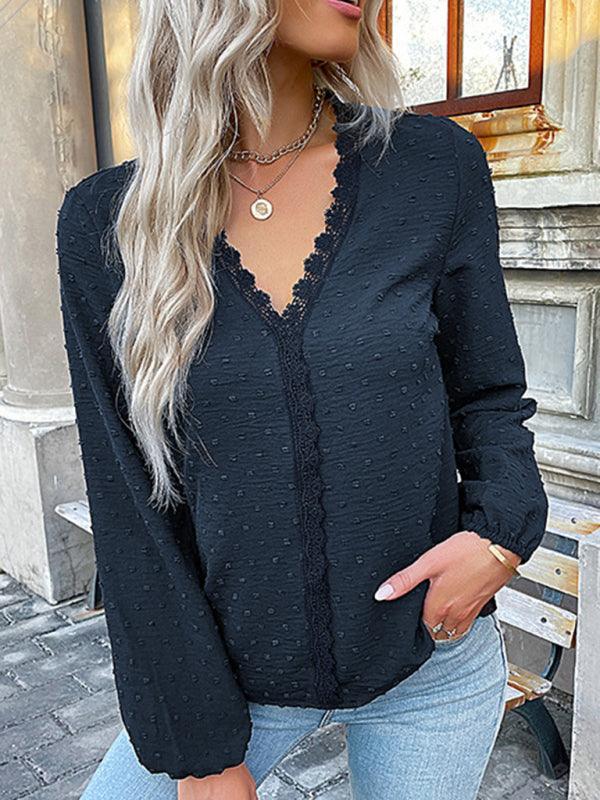 Women's long-sleeved lace solid color V-neck blouse - 808Lush