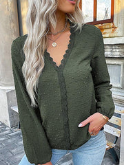 Women's long-sleeved lace solid color V-neck blouse - 808Lush