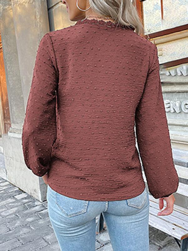 Women's long-sleeved lace solid color V-neck blouse - 808Lush
