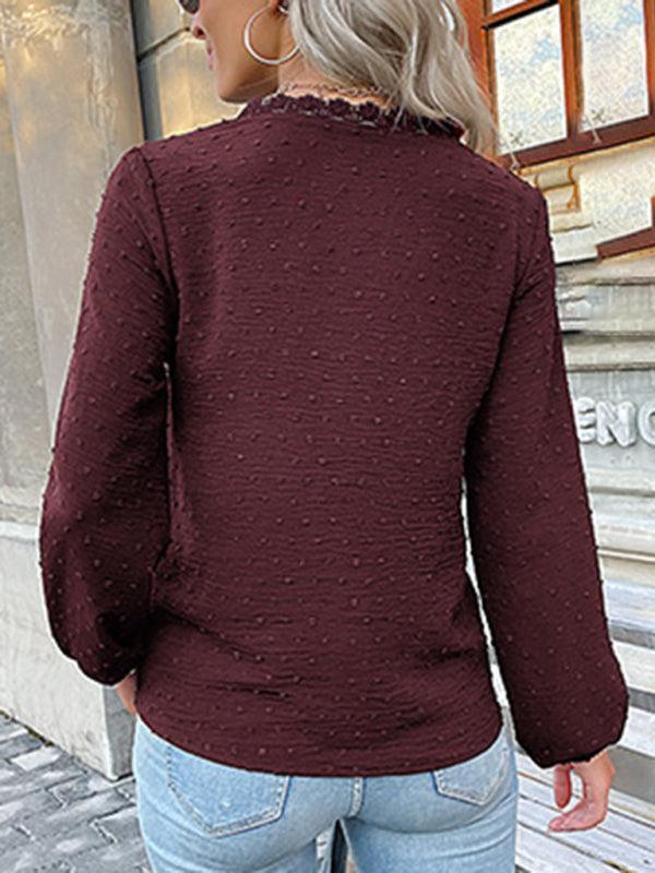 Women's long-sleeved lace solid color V-neck blouse - 808Lush