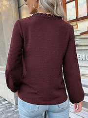 Women's long-sleeved lace solid color V-neck blouse - 808Lush