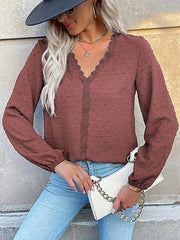 Women's long-sleeved lace solid color V-neck blouse - 808Lush