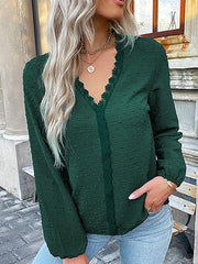 Women's long-sleeved lace solid color V-neck blouse - 808Lush