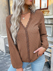 Women's long-sleeved lace solid color V-neck blouse - 808Lush