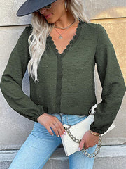Women's long-sleeved lace solid color V-neck blouse - 808Lush