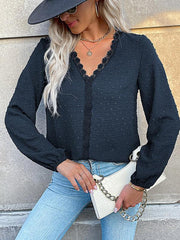 Women's long-sleeved lace solid color V-neck blouse - 808Lush