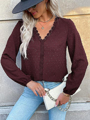 Women's long-sleeved lace solid color V-neck blouse - 808Lush
