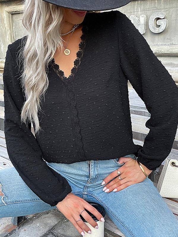Women's long-sleeved lace solid color V-neck blouse - 808Lush