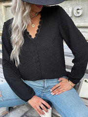 Women's long-sleeved lace solid color V-neck blouse - 808Lush