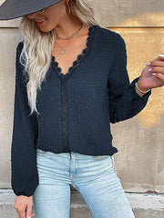 Women's long-sleeved lace solid color V-neck blouse - 808Lush