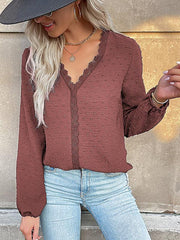 Women's long-sleeved lace solid color V-neck blouse - 808Lush