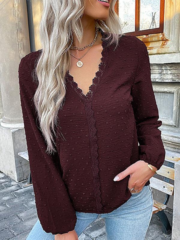 Women's long-sleeved lace solid color V-neck blouse - 808Lush