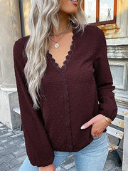 Women's long-sleeved lace solid color V-neck blouse - 808Lush