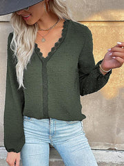 Women's long-sleeved lace solid color V-neck blouse - 808Lush
