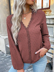 Women's long-sleeved lace solid color V-neck blouse - 808Lush