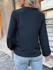 Women's long-sleeved lace solid color V-neck blouse - 808Lush
