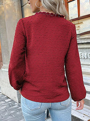 Women's long-sleeved lace solid color V-neck blouse - 808Lush