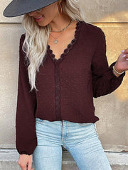Women's long-sleeved lace solid color V-neck blouse - 808Lush