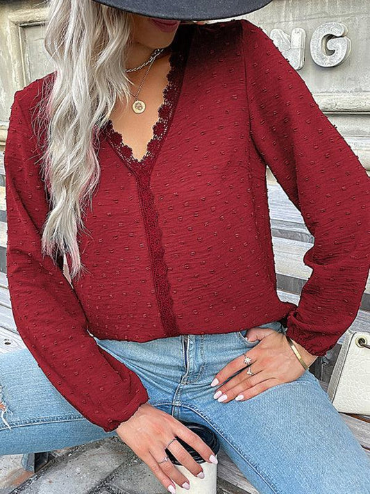 Women's long-sleeved lace solid color V-neck blouse - 808Lush