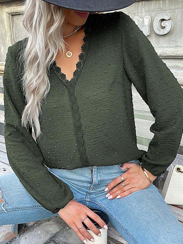 Women's long-sleeved lace solid color V-neck blouse - 808Lush