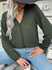 Women's long-sleeved lace solid color V-neck blouse - 808Lush