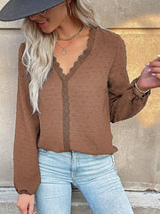 Women's long-sleeved lace solid color V-neck blouse - 808Lush