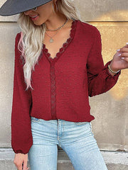 Women's long-sleeved lace solid color V-neck blouse - 808Lush