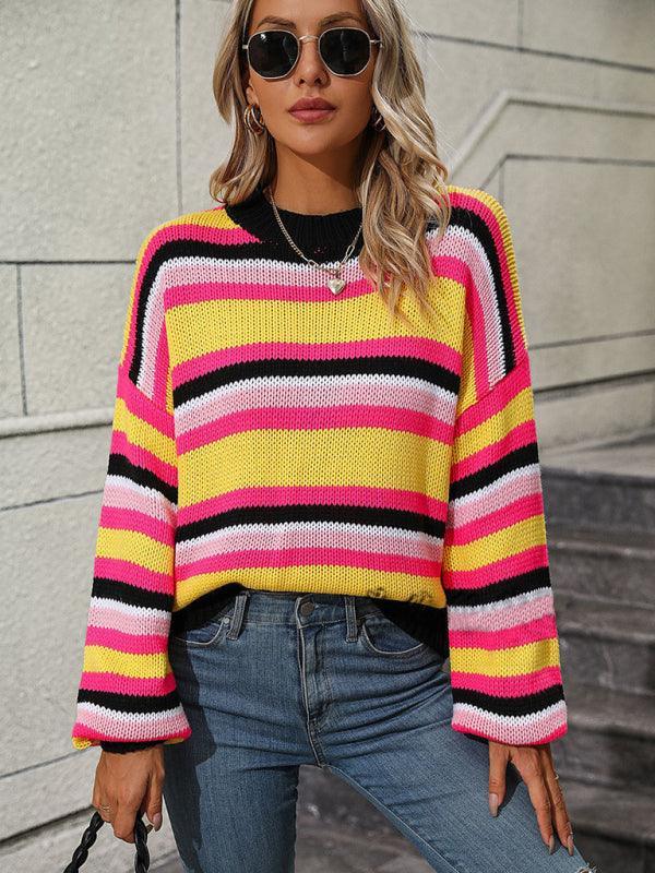 Women's loose mid-color round neck striped sweater - 808Lush