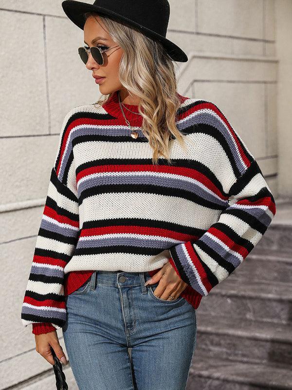 Women's loose mid-color round neck striped sweater - 808Lush