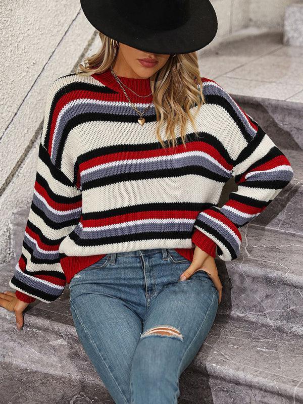Women's loose mid-color round neck striped sweater - 808Lush