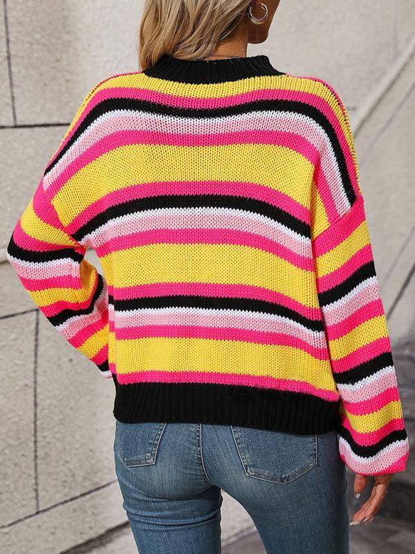 Women's loose mid-color round neck striped sweater - 808Lush