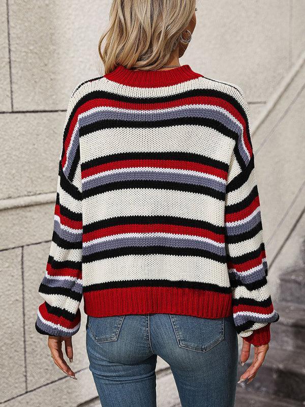 Women's loose mid-color round neck striped sweater - 808Lush