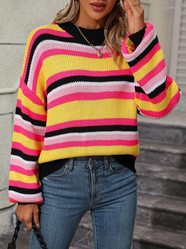 Women's loose mid-color round neck striped sweater - 808Lush