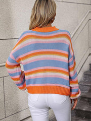 Women's loose mid-color round neck striped sweater - 808Lush