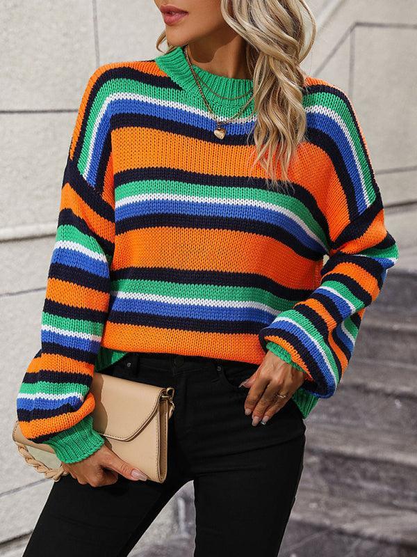 Women's loose mid-color round neck striped sweater - 808Lush