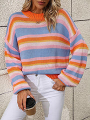 Women's loose mid-color round neck striped sweater - 808Lush