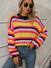 Women's loose mid-color round neck striped sweater - 808Lush